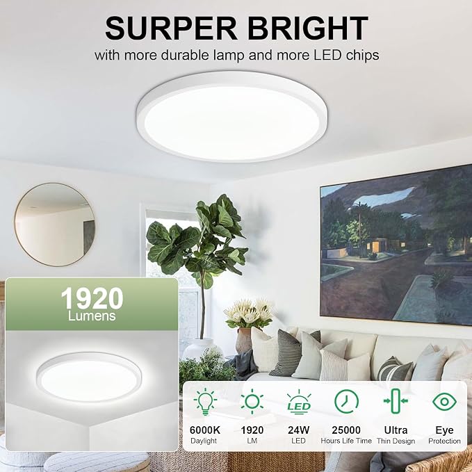 LED Flush Mount Ceiling Light: 12 inch 6Pack Super Slim Dimmable & 5CCT (2700-6500K) Kitchen Lighting Fixtures Ceiling - 24W White Low Profile Ceiling Lamp for Bedroom Garage Hallway