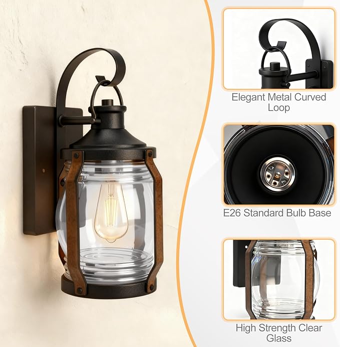 Outdoor Wall Lantern Lights, Black Exterior Wall Sconce Garage Light Fixtures, Farmhouse Outdoor House Lights Wall Mount, Decorative Front Porch Light Waterproof with Barnwood Accents & Glass, 2 Pack