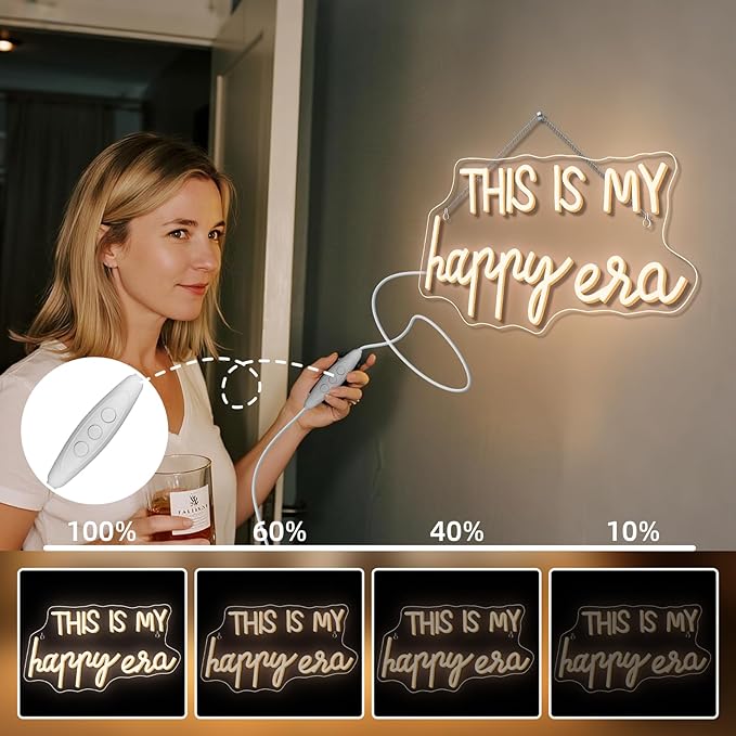 NOSUN This is Our Happy Era Neon Sign Happy Place Neon Signs for Wall Decor Dimmable Warm White LED Signs for Bedroom Classroom Man Cave Home Bar Birthday Party Game Zone Decor Neon Classroom Sign