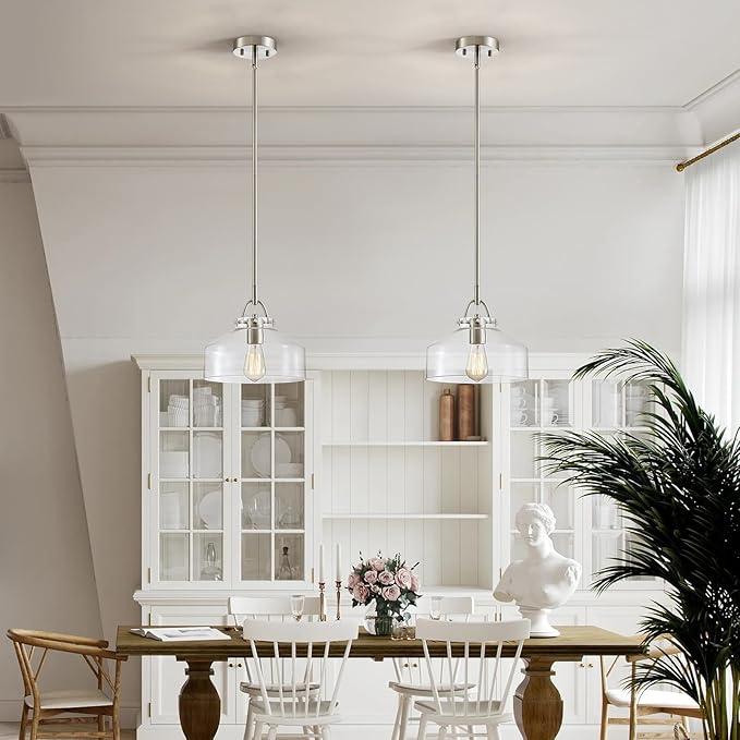 WUZUPS Chandelier Rustic Farmhouse Industrial Round Ceiling Pendant LED Light Fixture with Clear Glass Shades for Dining Room Kitchen Island Foyer Entryway, H 9.4" x W 10.6", E26 Base, Brushed Nickel