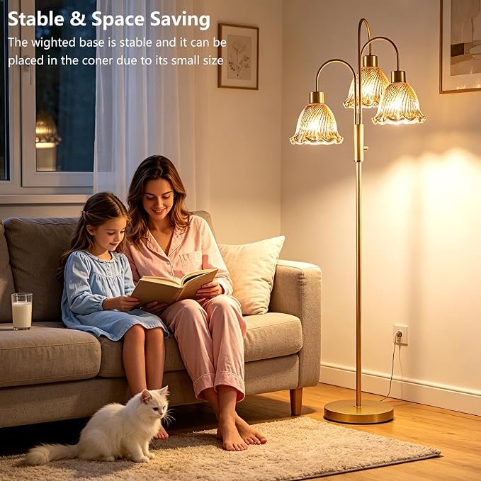 Lightdot 3-Light Glass Floor Lamp for Living Room, 70" Gold Dimmable Standing Tall Lamp with Amber Ribbed Glass Shades &3PCS 3000K Warm White Bulbs, Modern Tree Pole Lamp for Bedroom Home Decor