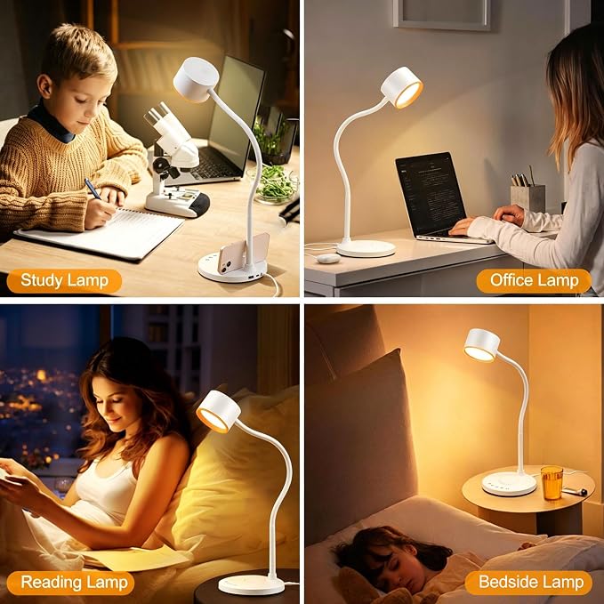 LiFMIRA Desk lamp with USB Charging Ports, Touch Control Desk Light White | Reading Lamp for Home Office, 5 Color Stepless Dimming Study Lamps Reading Light Table Lamp for Bedroom Bedside Dorm Room