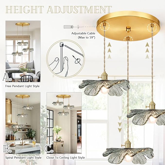 Gold Brass Chandelier 3-Light Retro Hanging Pendant Light Fixtures Dark Green Glass Shade Mid Century Modern Chandelier for Dining Room Farmhouse Living Room