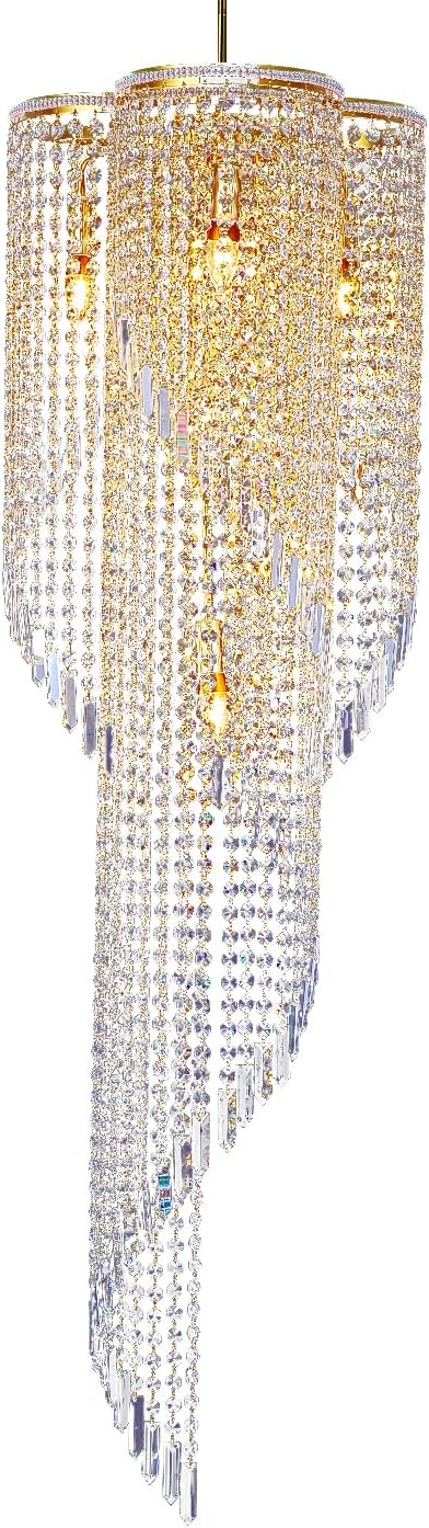 High Ceiling Chandeliers for Entryway Gold Spiral Crystal Chandelier Large Foyer Chandelier 6 Lights Modern Raindrop Chandelier for Villa Staircase, K9 Pendant Light Fixtures D17.7'' x H49.2''