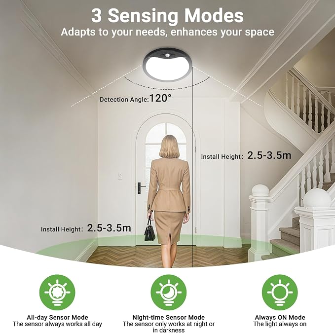 zemty 2Pack 7inch Motion Sensor Ceiling Lights Wired, 15W 1500lm 3CCT/3 Mode/30-120s Timer, Bright Black LED Flush Mount Light Fixture Motion Activated for Closet Pantry Hallways Stairwells Garage