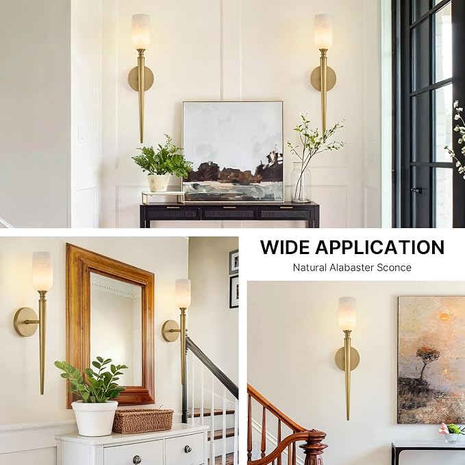 21.6" Alabaster Wall Sconces Set of 2, Vintage Brass Wall Lights | Natural Spanish Alabaster, Vintage Inspired Design, Unique Marble Veining, Elegant Brass Gold Finish, Statement Wall Accent
