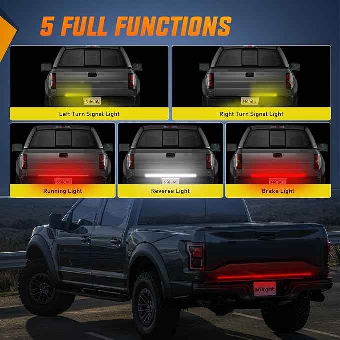 Nilight Truck Tailgate Light Strip 48" Quad Row 528 LED Strip with Red Running Brake Lights White Reverse Lamp Amber Turn Signals Lights