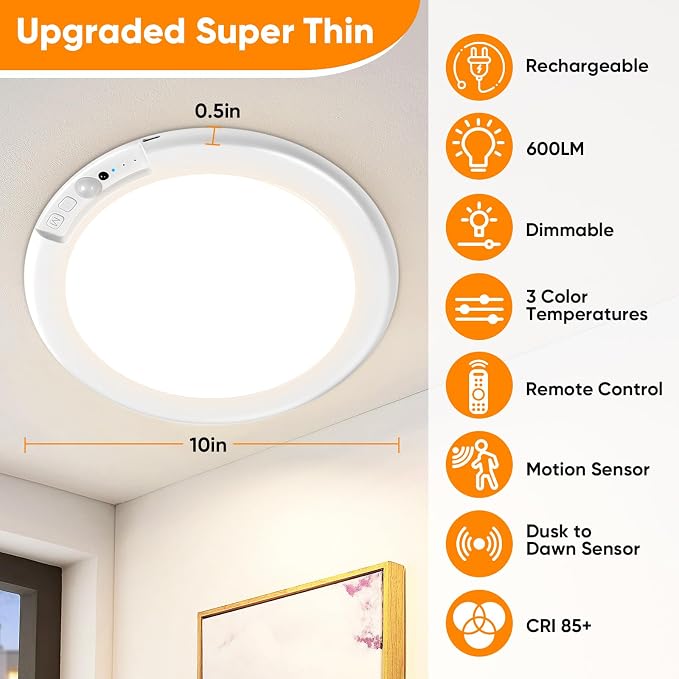 Rechargeable Motion Sensor Ceiling Light, 12000mAh Battery Closet Light | 10" Wireless Battery Powered LED Shower Light, Magnetic Cordless Ceiling Light with Remote, Overhead Lamp for Pantry Hallway