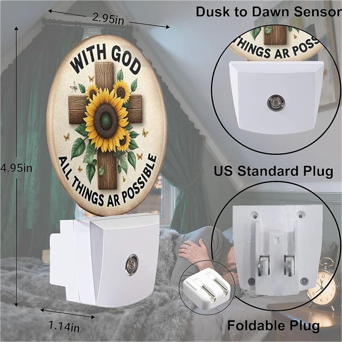 Mugod Sunflower and Cross Plug-in Nightlights All Things are Possible Inspirational Quote Night Light Plug into Wall with Dusk-to-Dawn Sensor LED Lighting 0.5W Sleep-Friendly