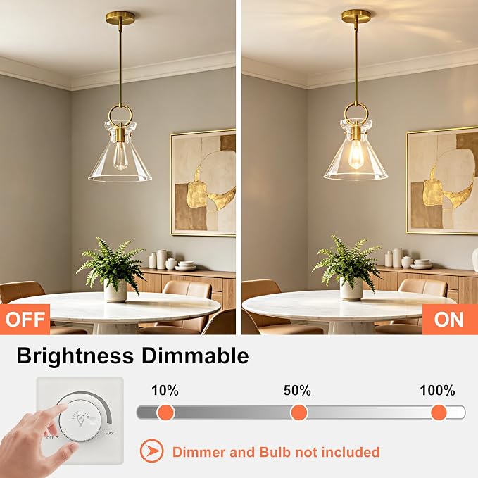 Gold Pendant Lights Kitchen Island 9.84'' Clear Glass Shade | Modern Pendant Lighting Over Sink, Adjustable Hanging Ceiling Light, E26 Dimmable for Dining Room, 1-Pack