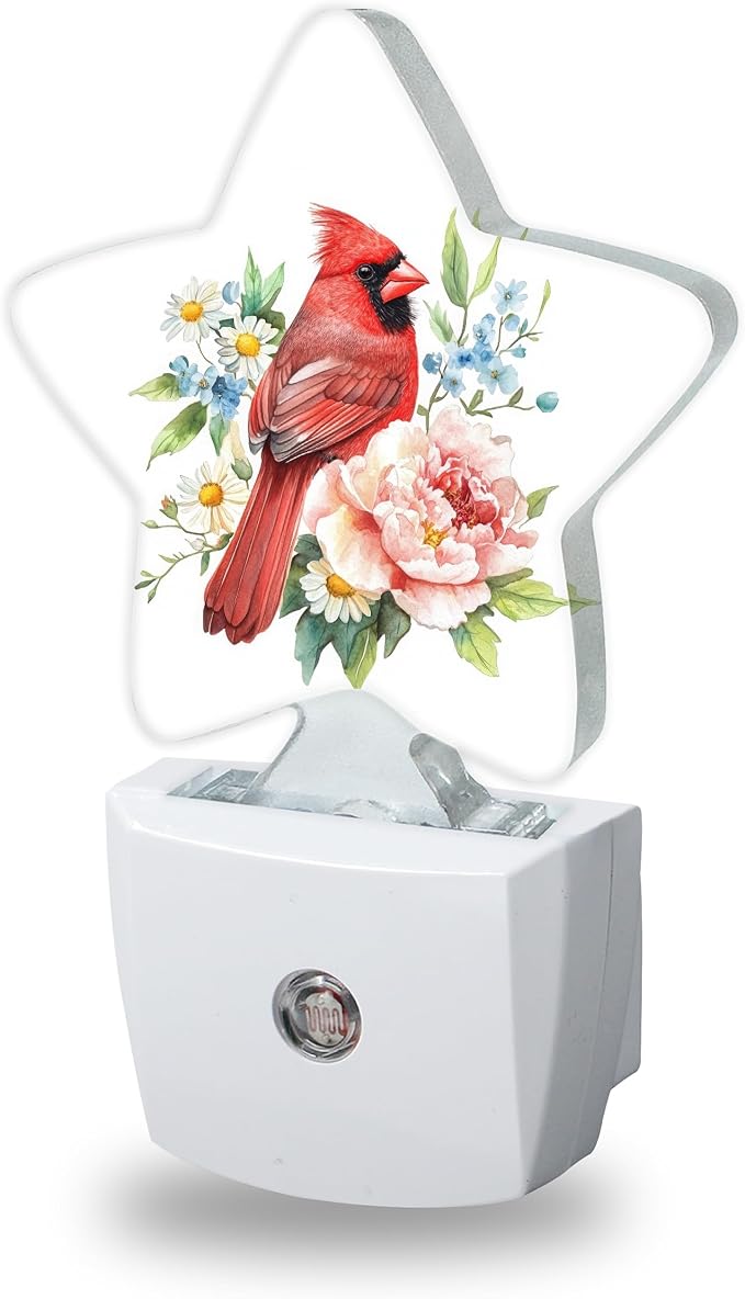 Night Lights Plug Into Wall Decorative,Red Cardinal Bird Nightlights for Kids Bedroom, Spring Flowers Energy Efficient Dusk-to-Dawn Sensor Sleep Friendly Lamp for Nursery Bathroom