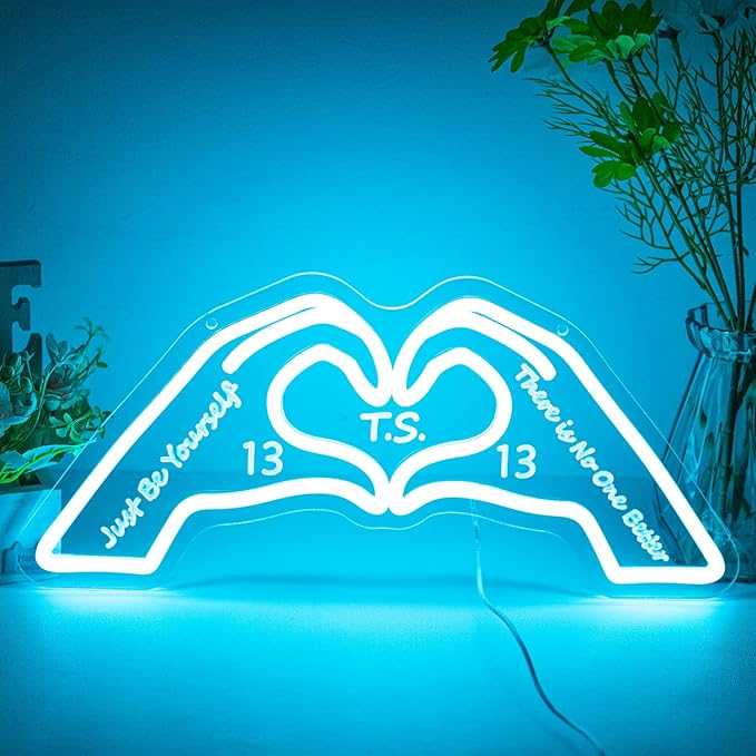 Heart Hands Neon Sign, Blue Room Decor, 15.75 inches Dimmable USB Powered Led Wall Art Decor, Music Merch Gifts for Girls Boys, Fans, Music Lover, Party, Christmas, Birthday(Blue with Inspired Words）