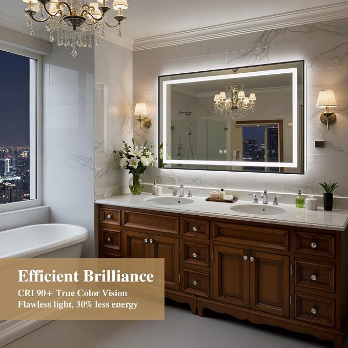 55X36 Inch LED Bathroom Mirror with Lights, Black Frame Frontlit+ Backlit Bathroom Vanity Mirror for Wall, Ultra-Clear Tempered Glass, Shatter-Proof, Anti-Fog and Memory Function, ETL Listed