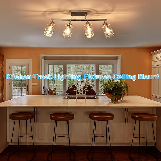 Track Lighting Fixtures Ceiling Kitchen Track Lighting Brushed Nickel 4-Light Bathroom Vanity Light Complete Track Lighting Kits Bathroom Light Fuxtures with Glass Shades E26 Base Adjustable Heads