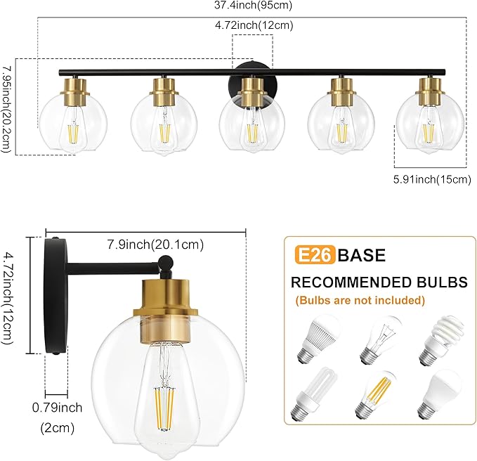 Bathroom Light Fixtures Over Mirror 5-Lights Bathroom Vanity Light with Clear Globe Glass Shade 37.4 inch Modern Black and Gold Vanity Lights Wall Sconce Lighting for Bath