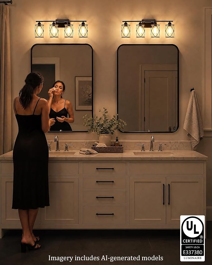 4-Light Oil Rubbed Bronze Bathroom Light Fixtures Over Mirror, 29" UL-Listed Modern Farmhouse Wall Sconce Lights with Clear Glass and Metal Cage for Bath, Hardwire E26, CH9176ORB-4W