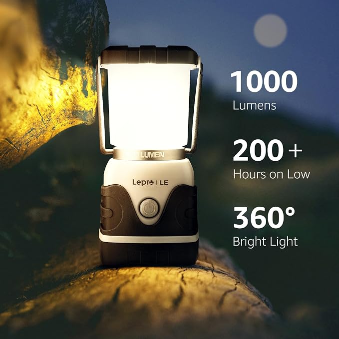 Lepro 1000LM Battery Powered LED Camping Lantern with 4 Light Modes, White | Waterproof Tent Light, Camping Essentials, Lantern Flashlight for Camping, Emergency Light, Power Outages, Not Rechargeable