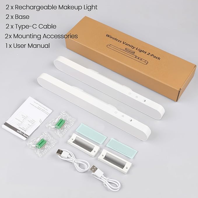 2 Pack Wireless Rechargeable Makeup Light Bar for Mirror | Vanity Lights, 3 Color & Dimming, Bathroom Magnetic Stick on Mirror Light, Gift for Women, Touch Control