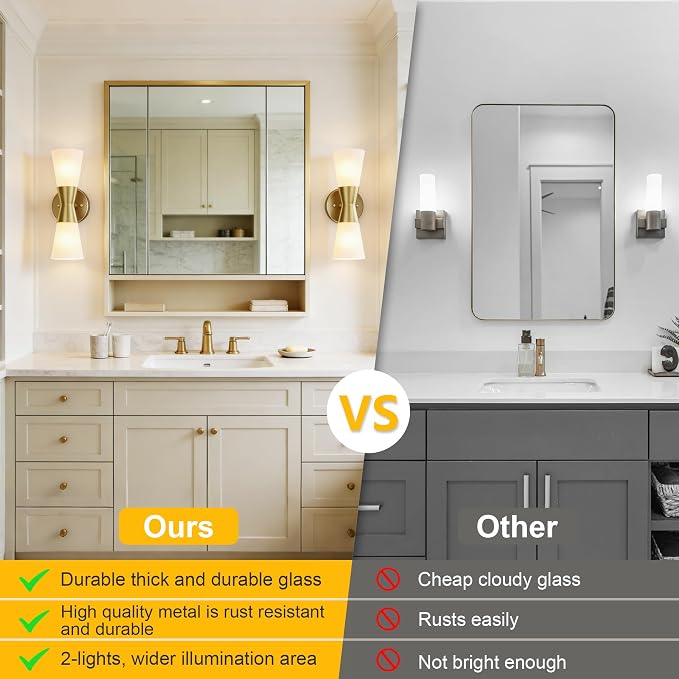 Wall Sconces Set of 2 for Bathroom, Modern Indoor Vanity Light Fixtures 13", Up Down Lighting, Wall Mount Lamp for Living Room Bedroom Hallway Stairway Fireplace Mirror E26 Base 2PC White&Gold