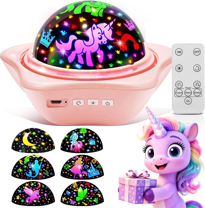 Unicorn Toys for Girls Gifts, 【6 Films+93 Colors+Rechargeable】Kids Night Light Projector, Unicorn Toys+Princess Toys+Mermaid Toy+Sensory Toys+Star Projector, Kids Sensory Toy for 3 Year Old Girl Gifts
