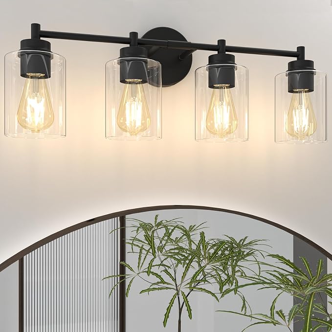 4-Light Bathroom Light Fixtures, Matte Black Modern Vanity Light with Clear Glass Shades, Bathroom Sconce for Mirror Living Room Cabinet Bedroom Porch,E26 Base(Bulbs Not Included)