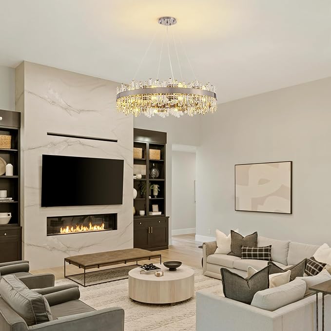 Siljoy Modern Crystal Chandelier, 20-Light Luxury Large Nickel 2-Tiers Raindrop Chandelier, Adjustable Flush Mount Pendant Ceiling Light for Living Dining Room Foyer Entryway D39.4''