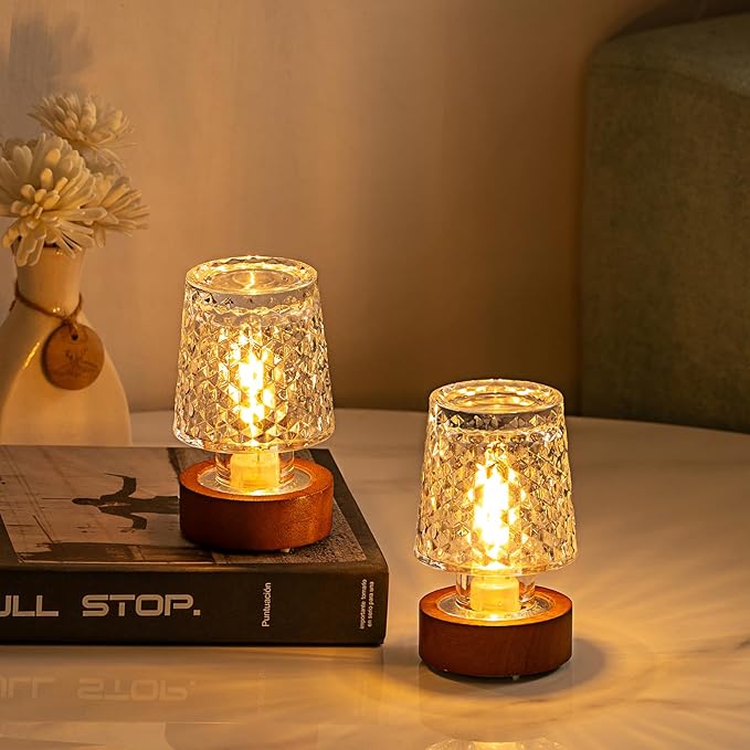 Mini Battery Lamp, Vintage Sleep Nightlights with Timer, Battery Operated Night Lights for Adults，Cordless Glass Sleep Warm Nightlights, bedside lamps, Night Lamp for Bedroom, Crystal