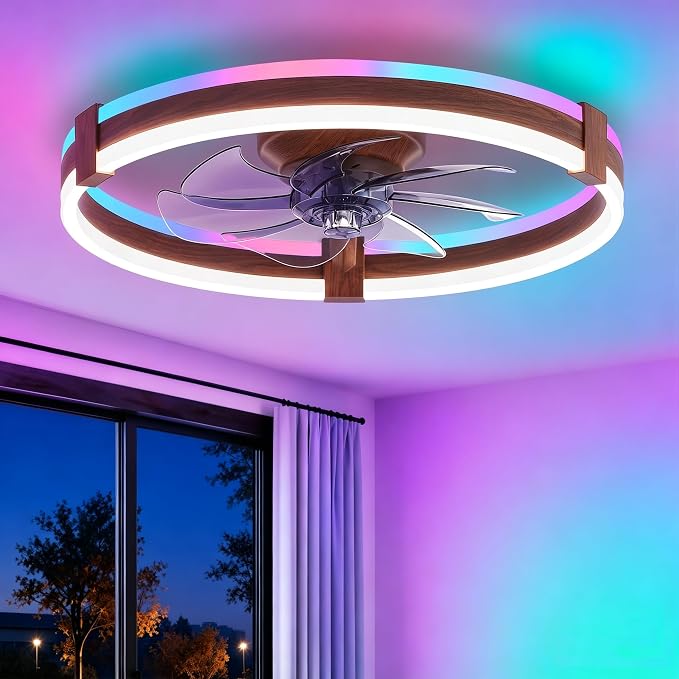 ZMISHIBO 20" RGB Low Profile Ceiling Fans with Lights and Remote, Walnut | Custom RGB+3CCT Dimmable, 6 Speeds, Remote/App Control, Reversible DC Motor, Memory, Timer, Modern Fandelier for Kids/Bedroom