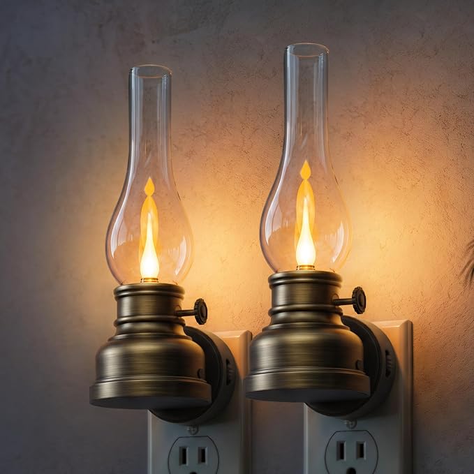 L LOHAS LED Flameless Candles Night Light, Rechargeable Plug in Night Light | 2 Pack Kerosene Lamp Night Lights Plug into Wall, Dimmable Flickering Flame Vintage Oil Lamp, Dusk to Dawn sensor Nightlight