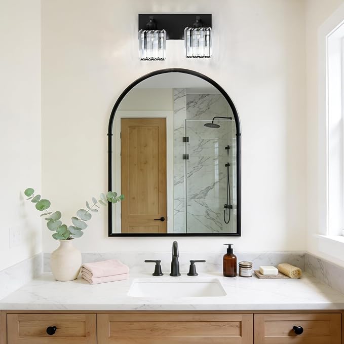 Black Crystal Bathroom Vanity Light, 2-Light Modern Bathroom Lighting Fixtures Over Mirror, Matte Black Wall Sconce with Square Shade