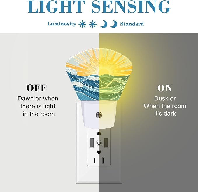 Sunrise Over The Sea Night Light Waves and Sun Nightlight Plug into Wall with Dusk to Dawn Sensor for Kid Girls Boys Women Men Room, Hallway, Kitchen, Bathroom, Stairs Decor