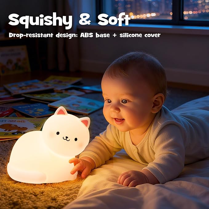 Squishy Cat Night Light with RGB Modes Cute Cat Lamp Warm White 3 Brightness Adjustable Nursery Breastfeeding Nightlight Rechargeable Silicone Soft Touch Bedside Animal Lamp for Bedroom Dorm Decor