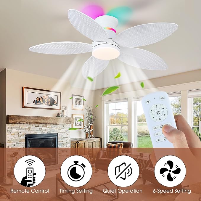 Tropical Palm Leaf RGB Ceiling Fans with Lights 46”, White Flush Mount Ceiling Fan with Light and Remote, 3CCT Dimmable LED&&Side RGB Light, Reversible 6 Speeds, Quite Low Profile Ceiling Fan Party