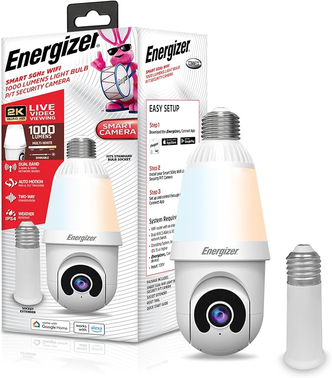 Energizer Smart 2K Light Bulb Security Camera, 1000 Lumens LED Light, 5G&2.4G Wi-Fi Outdoor Socket Camera, Pan Tilt Auto Tracking, (White, App Enabled Smart Detections)