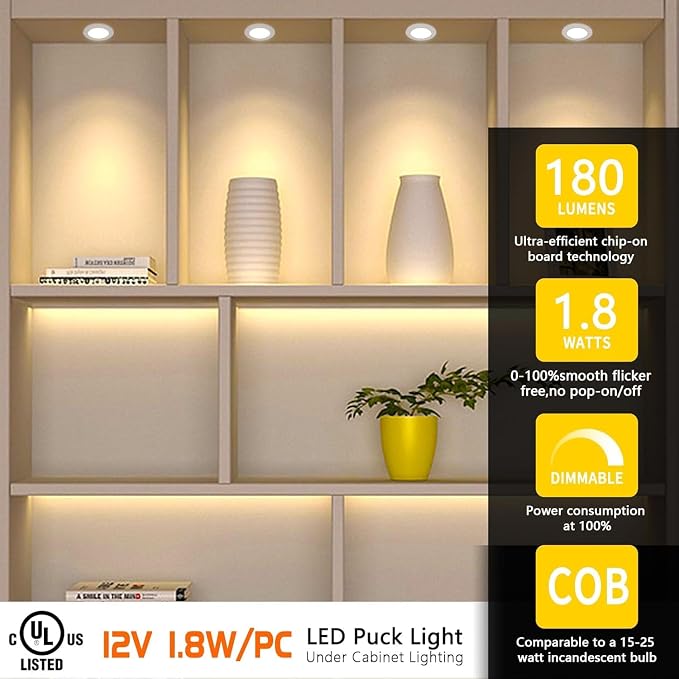 VST Under Cabinet Lights CCT 3000K-6000K, Puck Lights Color Temperature and Brightness Adjustable with Touch Switch and ETL Listed Led Driver, Plug in Led Light for Kitchen Under Cabinet 10pack