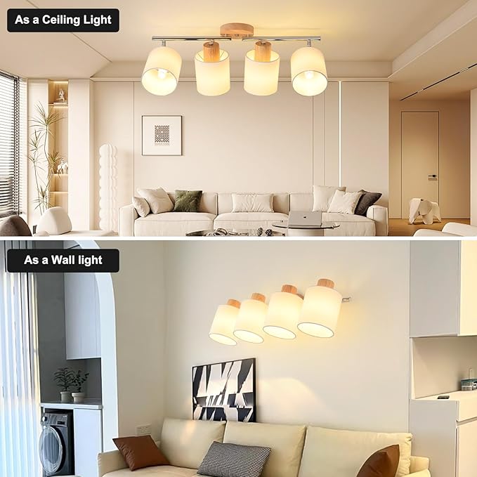 4-Light Track Lighting Kit Wooden Ceiling Spotlight Fabric Shades Rotatable | Rotatable Heads, E26 Socket, Modern LED Track Light Fixture Design, Ceiling & Wall Mount, Kitchen & Living Room Use, No Bulb