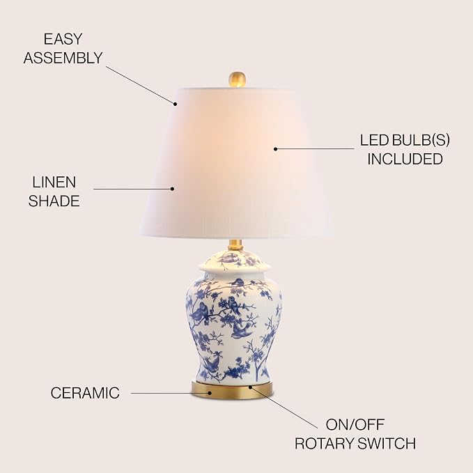 JONATHAN Y Penelope Ginger Jar 22" LED Table Lamp, Blue/White | Chinoiserie, Ceramic Metal Construction, French Country Traditional, Linen Empire Shade, Brass Gold, LED Bulb Included