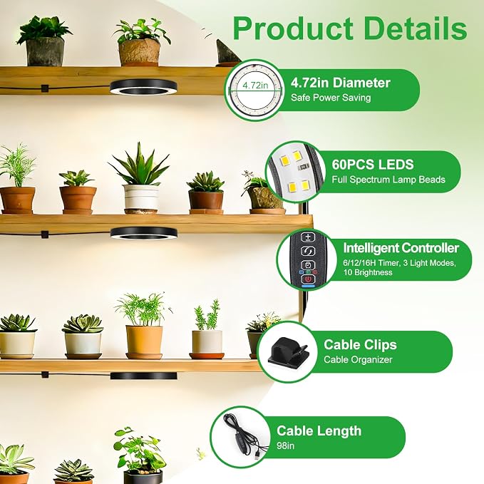 4.72in Black Indoor Plant Grow Lights, Full Spectrum Grow Lamp, 180 LEDs Warm White 3 Head Black Metal Angel Ring for Ceiling Cabinets & Shelf, 6/12/16H Timer, 3 Modes, 10 Levels