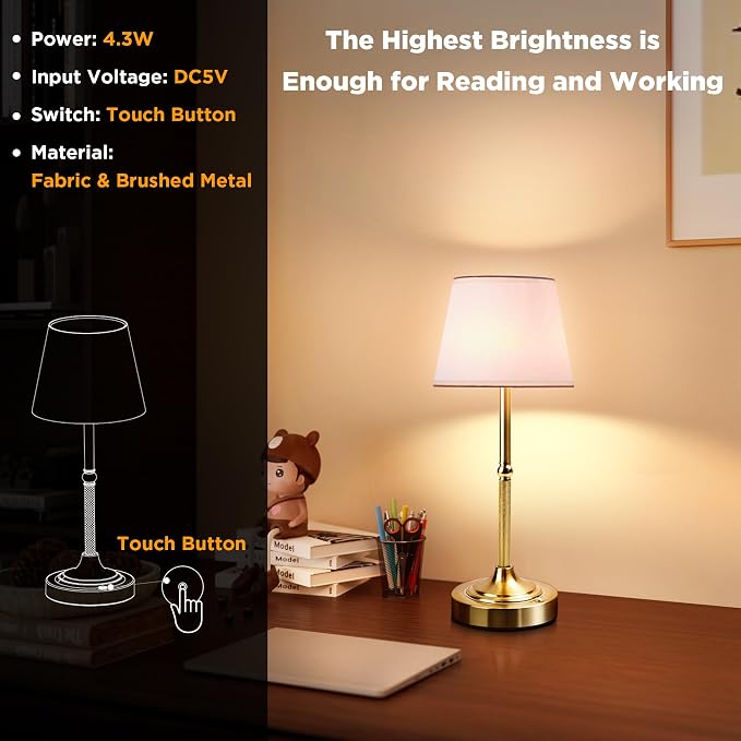 LUTEC 2 Pack Cordless Table Lamp, Battery Operated Lamp with 3 Color Temps and Stepless Dimming, 5200mAh Portable Rechargeable Table Lamp for Restaurant/Bedroom/Bars/Outdoor (Brushed Gold)