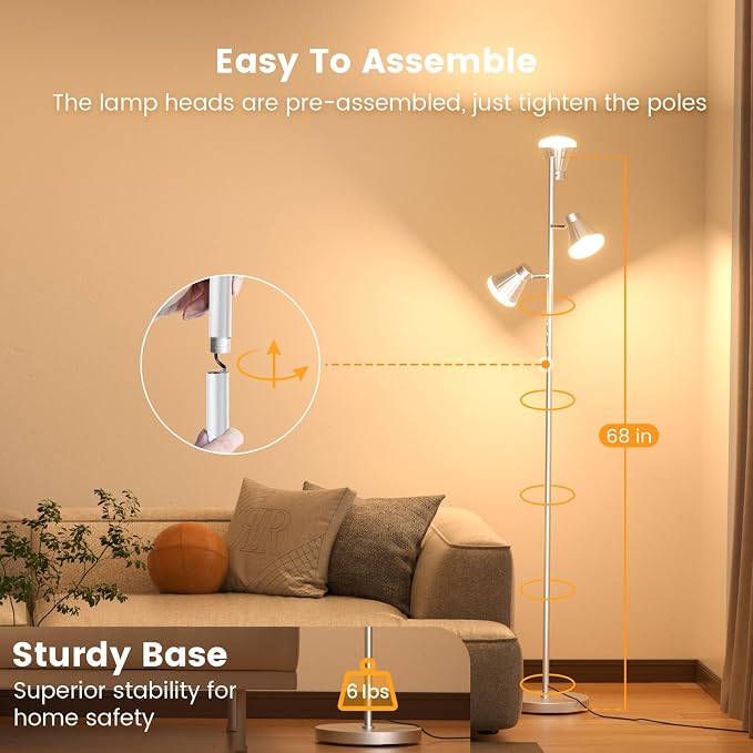 36W LED Tree Floor Lamp, Dimmable Tall Standing Lamp with Remote & Touch Control, 4 Color Temperatures Bright Floor Lamp, 3 Rotatable Light Modern Floor Lamps for Living Room Bedroom Office
