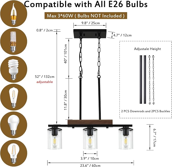 23.6" Dining Room Fixture Over Table,Farmhouse Chandelier | 3-Light, Black Modern Rustic Wood Pendant, Adjustable Height, Clear Glass Shade, Linear Hanging Lighting for Kitchen Island