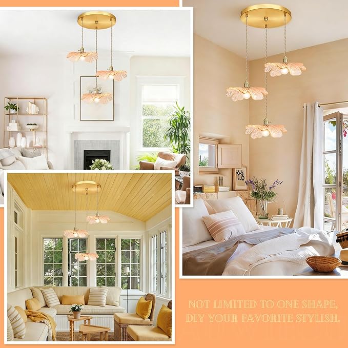Amber Glass Pendant Chandelier, 3-Light Gold Brass Modern Light Fixture for Kitchen Island, Dining Table, Hallway & Entryway
