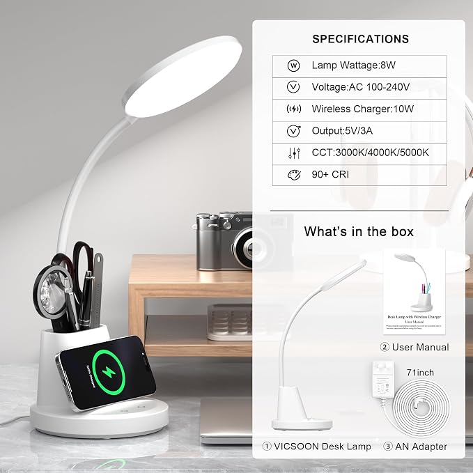 LED Desk Lamp with Wireless Charger for Home Office, White | 3 Color Modes Dimmable Eye-Caring Study Desk Light for College Dorm Room, 360° Flexible Arm, Built-in Pen Holder, 800 Lumen