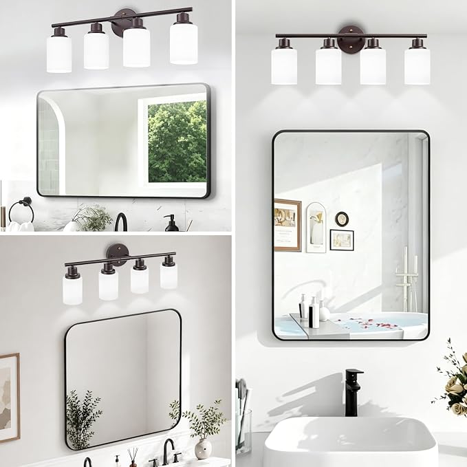 4-Light Bathroom Light Fixtures, Vanity Lights for Mirror with Textured Milky White Glass Shade, Modern Kitchen Light Fixtures Wall Sconce Light - E26 Base - Oil-Rubbed Bronze