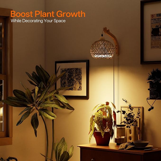 Hanging Grow Lights for Indoor Plants,3800K | 18W Wall-Mounted Decorative Grow Light with Boho Rattan Lantern Shade, 9.8FT Power Cord, for Indoor Plant Growing, Flowers