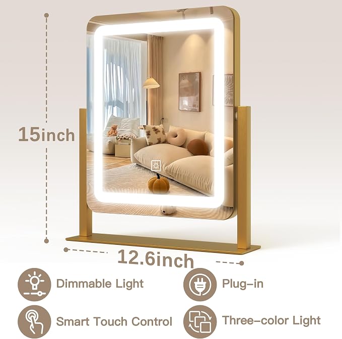 ROLOVE Vanity Mirror with Lights, 12.6"×15" LED Makeup Mirror, Lighted Makeup Mirror with Lights, Smart Touch Control Dimmable 3 Modes Light, Lighted Up Mirror for Makeup Desk, Gold