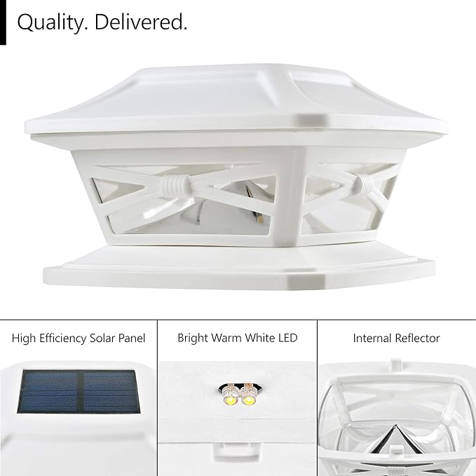 Davinci Flexfit Solar Outdoor Post Cap Lights, 4x4 5x5 6x6, Bright LED, 4PK | Pearl White, Wooden Posts, fence/deck/garden/patio, UV fade-protected plastic, auto-on, 7-8h, cordless, IP44, 25lm warm white