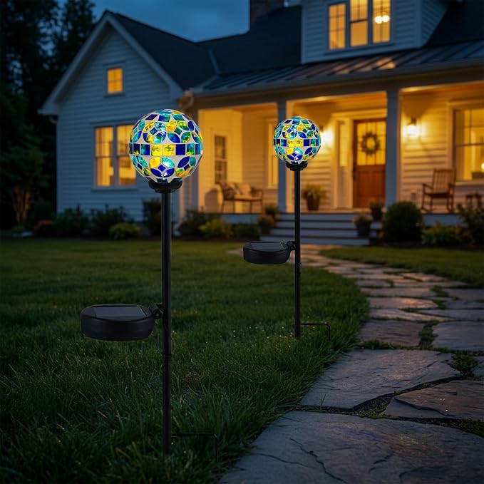 VCUTEKA Decorative Solar Garden Lights, 3.5" Mosaic Globe Outdoor Stake | Mosaic Glass Globe Design, Solar LED Light, Waterproof Design, Auto On/Off and Metal Stake Design for Lawn and Patio
