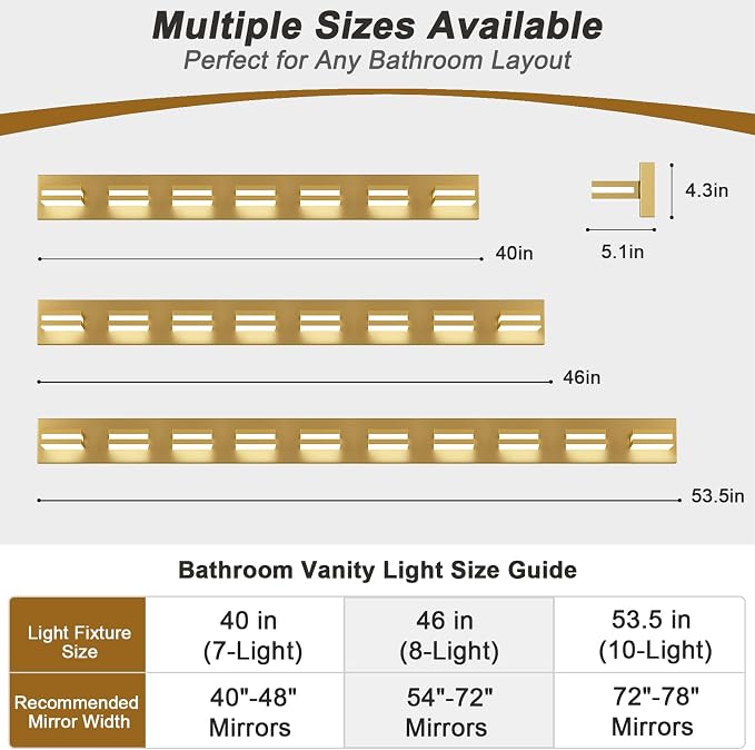 IZORRO LED Modern Bathroom Lights Fixtures(10-Light,Dimmable),Gold Acrylic Wall Lighting,Vanity Lights for Bathroom Over Mirror - 6000k 53.5In （No Assembly Required）