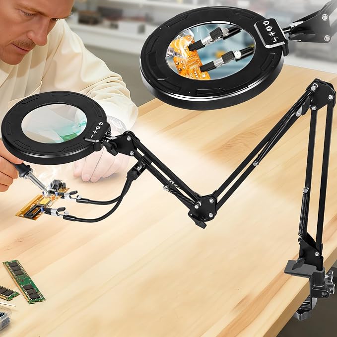 12X Magnifying Glass with Light and Stand, Soldering Helping Hands | 3-Section Swing Arm Workbench Lighted Magnifier, 5 Color Stepless Dimming, LED Desk Lamp with Clamp for Craft Repair Reading